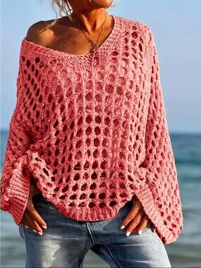 NWOT Oversized Open-Knit Rose/Mauve Women's Crochet Sweater, Multiple Sizes